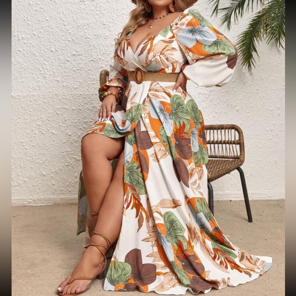Plus Size Plunge V Neck Floral Tropical Print High Slit Long Sleeve Maxi Dress - Picture 1 of 12